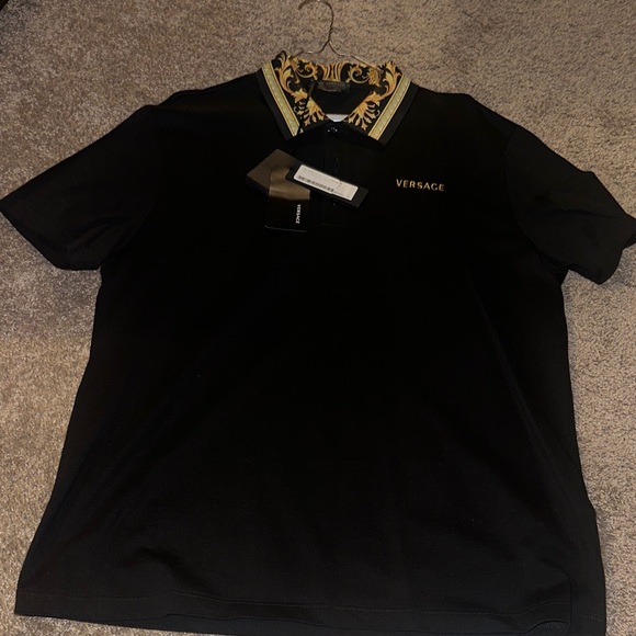 Versace Black Polo with Gold Patterned Collar - Picture 1 of 4